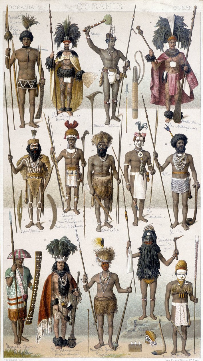 Ulike kostymer til Warriors of Oceania. av Unknown artist