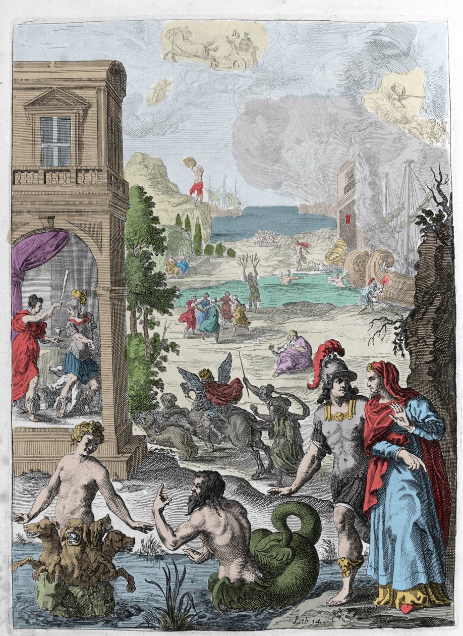 Ulike metamorfoser, i forgrunnen Scylla og havguden Glaucos forelsket i henne, i bakgrunnen avviser den hengte Iphis av Anaxarete. Illustrasjon hentet fra bok XIV av "" Metamorphoses"" (Metamorfosi) av Ovide (43 f.Kr.-17 e.Kr.). Gravering 1 av Unknown artist