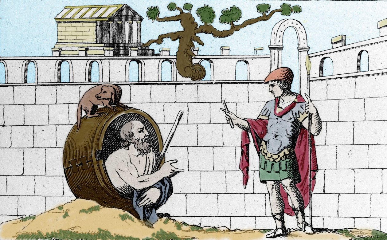 Kynikeren Diogenus (413-327 f.Kr.), gresk filosof, forteller i tønnen sin til Alexander den store "" La deg se solen min". av Unknown artist