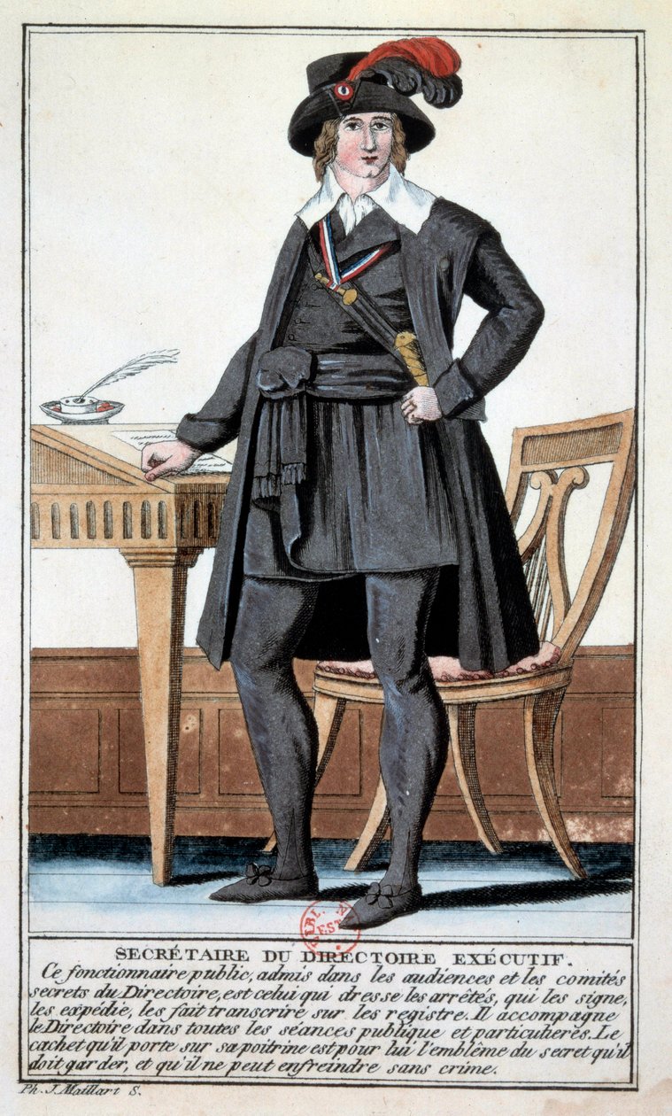 Regi: kostyme som sekretær i hovedstyret. Gravering fra 1700-tallet. Paris, BN av Unknown artist