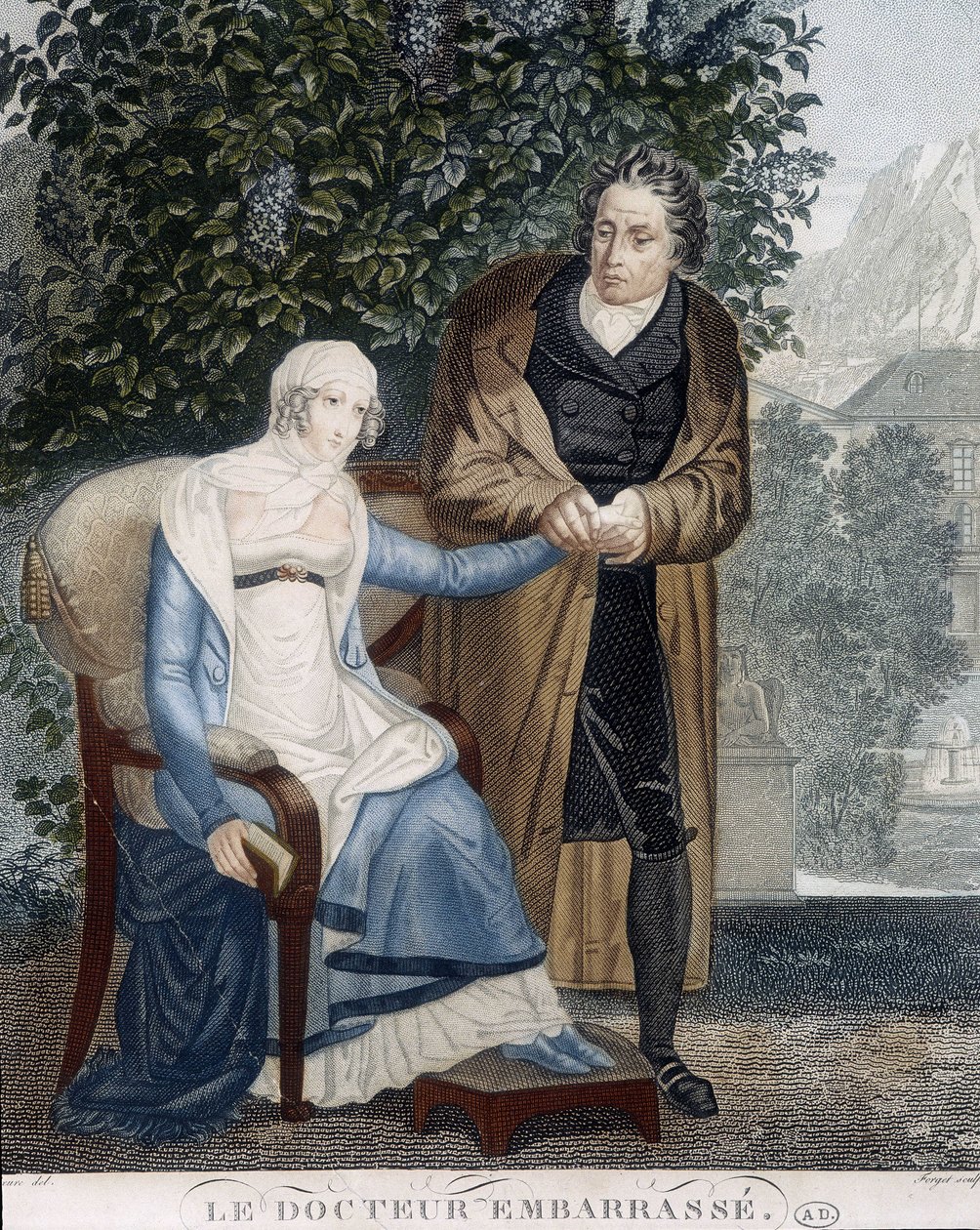 Doctor Preget (foran en syk kvinne). av Unknown artist