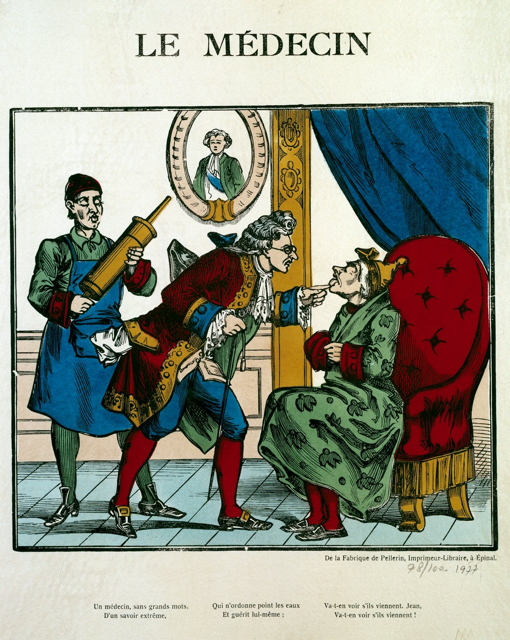 Doktorscene som representerer en lege som undersøker en pasient, assistenten bak ham holder en clystere. Gravering av Paris fra 1800-tallet, B.N. av Unknown artist