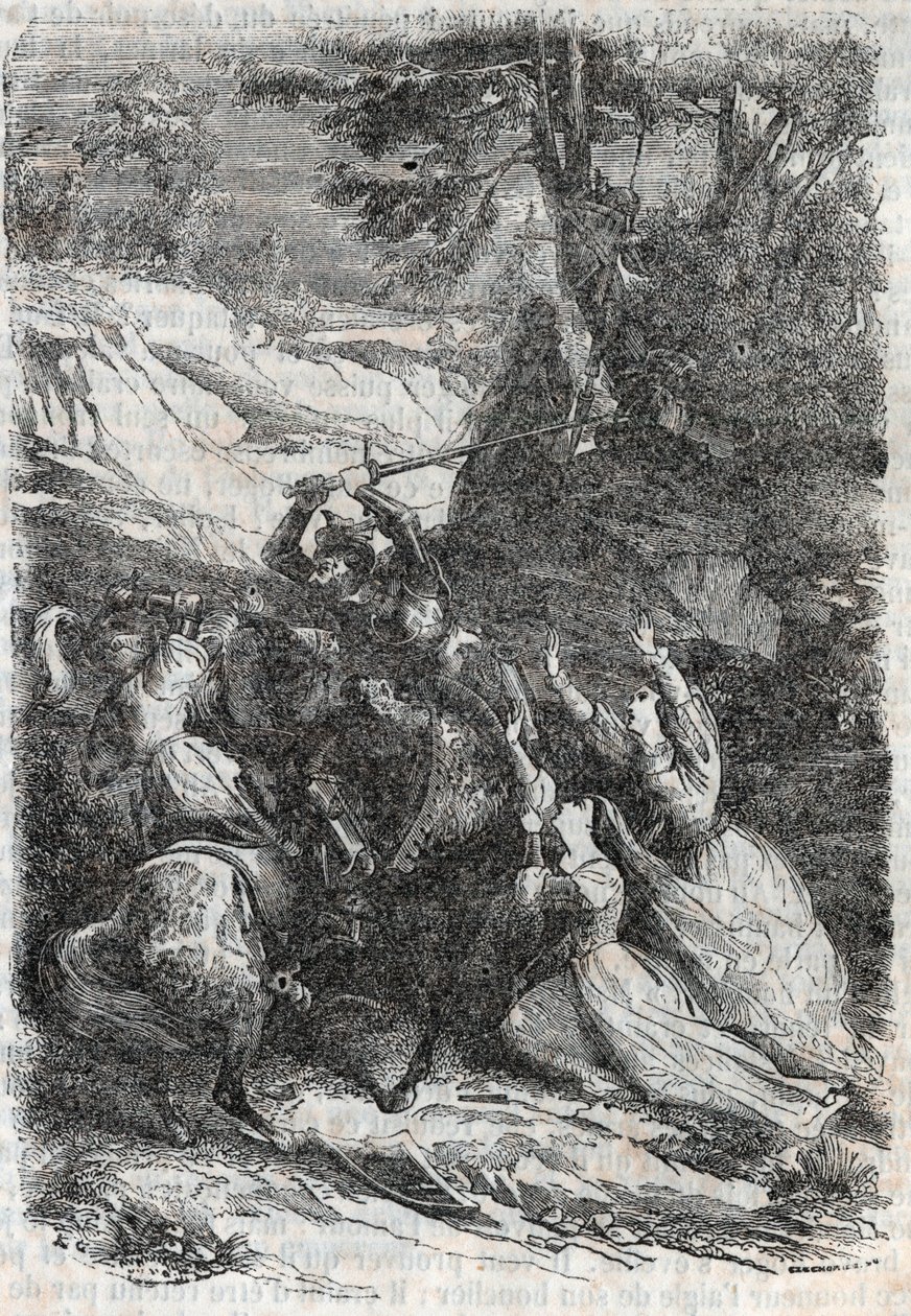 Doralice og Isabelle vil skille Mandricard og Zerbin - gravering av 1851 fra "" Roland furieux"" av Unknown artist
