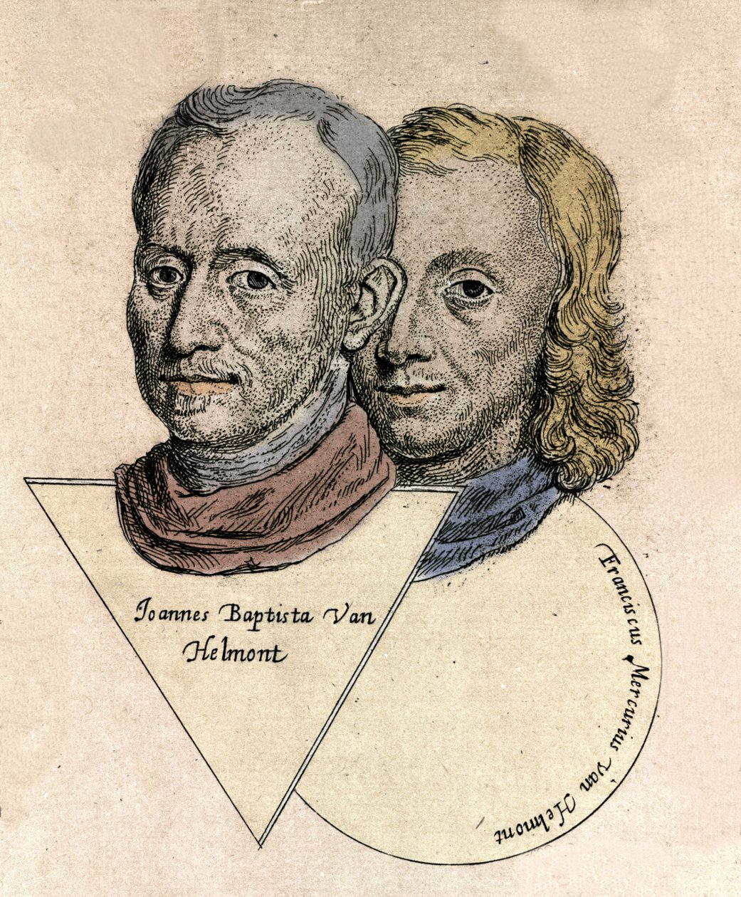 Dobbeltportrett av den belgiske kjemikeren Jean Baptiste van Helmont (Jan Baptist van Helmont) (1577-1644) og François Mercure van Helmont (1614-1699). Gravering av Unknown artist