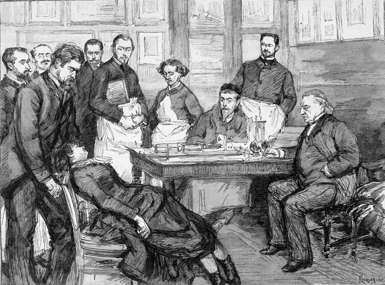 Dr. Jean Martin Charcots opplevelse av en pasient ved skolen til det psykiatriske sykehuset i Salpetriere. Charcot-Salpetriere bibliotek. av Unknown artist