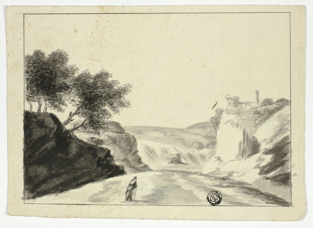 Drapert figur i landskap med slott på en klippe av Unknown artist