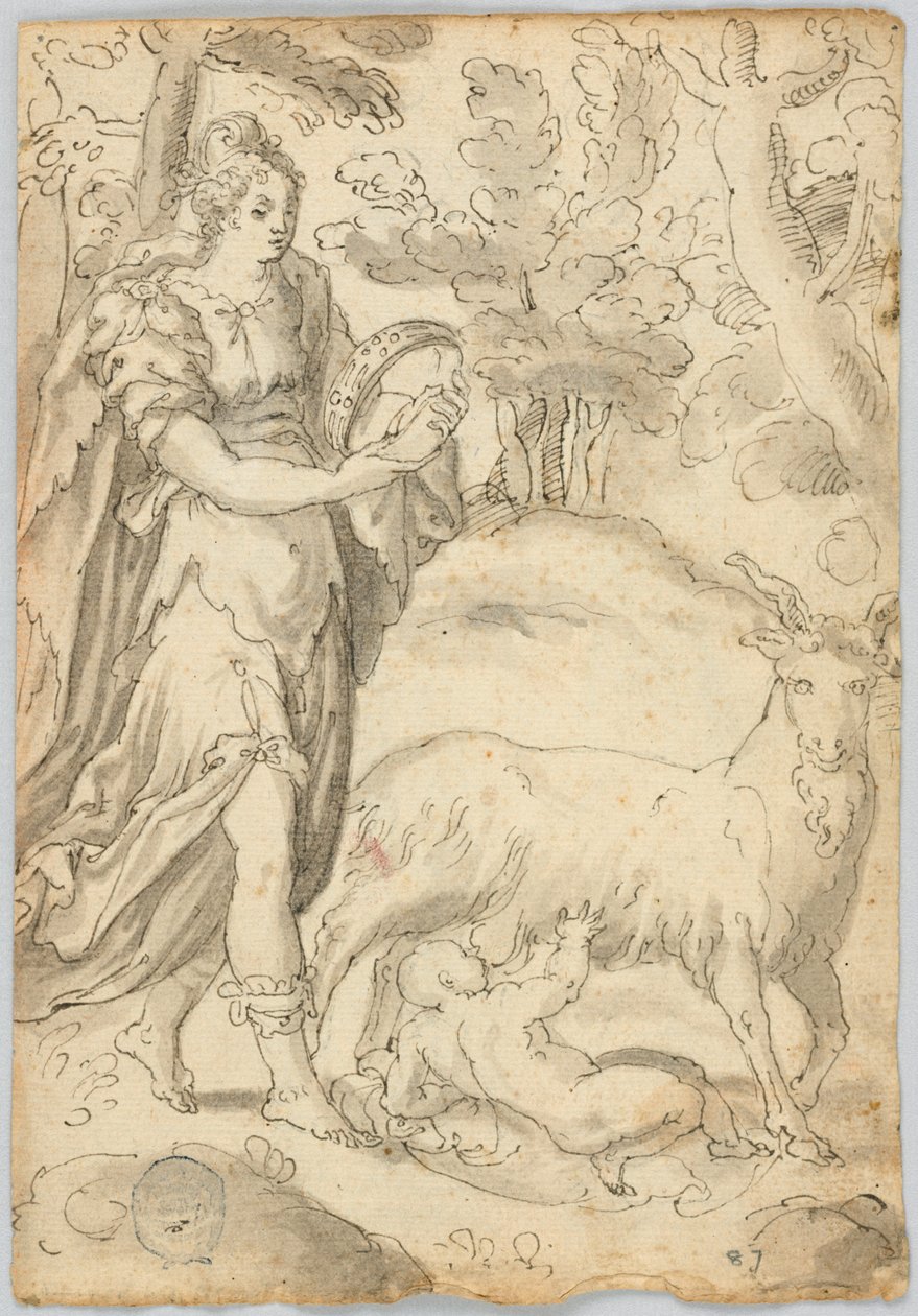 Tegning: A) Rhea og spedbarnet Jupiter. B) St. Frans av Assisi av Unknown artist