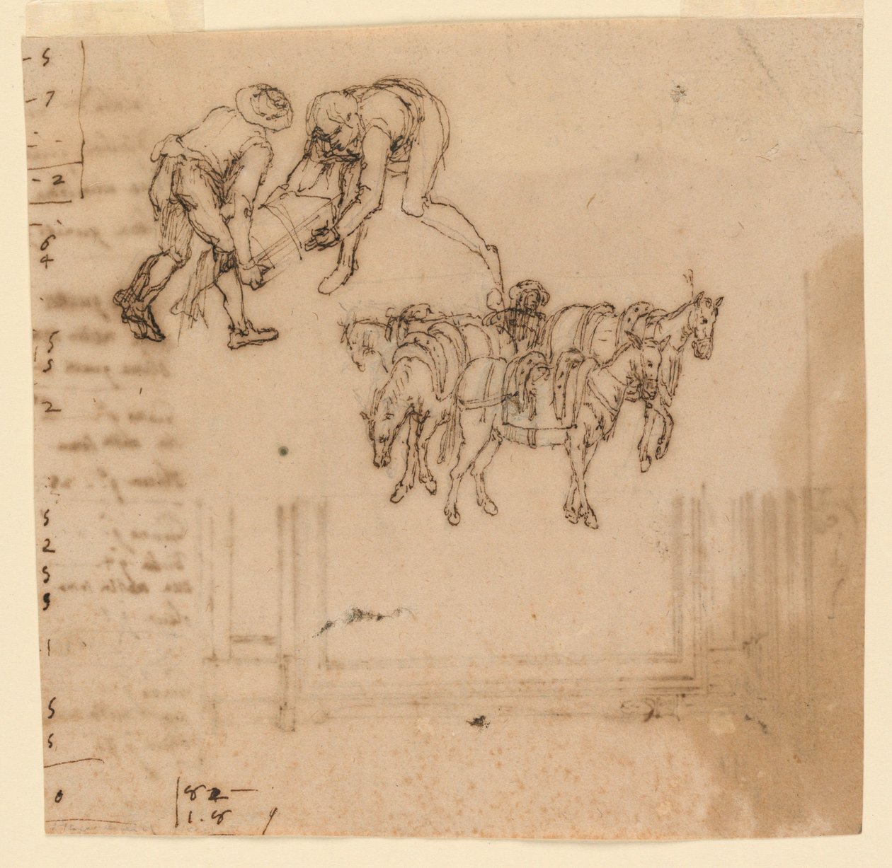 Tegning: A) To menn som bærer en koffert; fire muldyr med en driver. B) Prosjekt for en ramme av Unknown artist