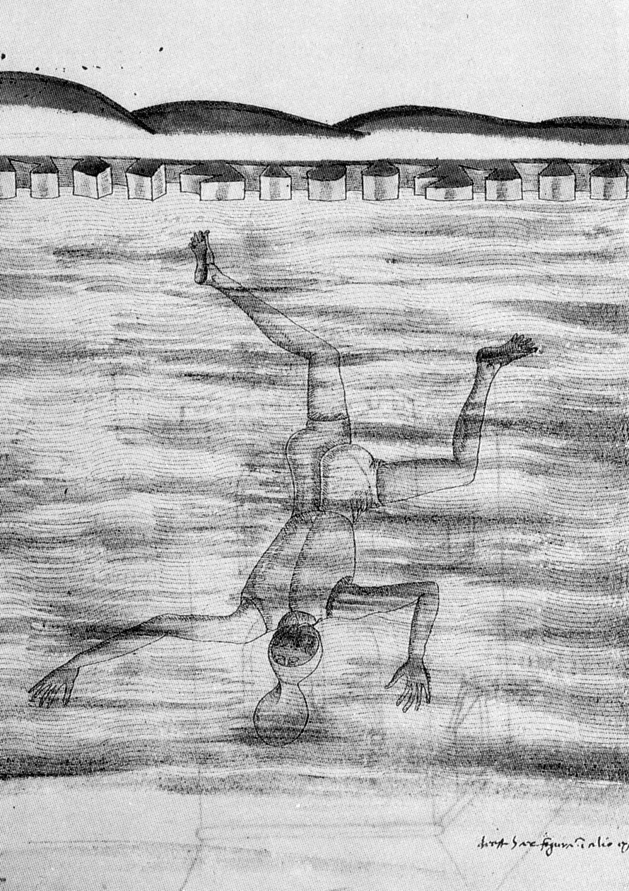 Tegning fra 1400-tallet som viser en mann som går i vannet med en slags maske. av Unknown artist
