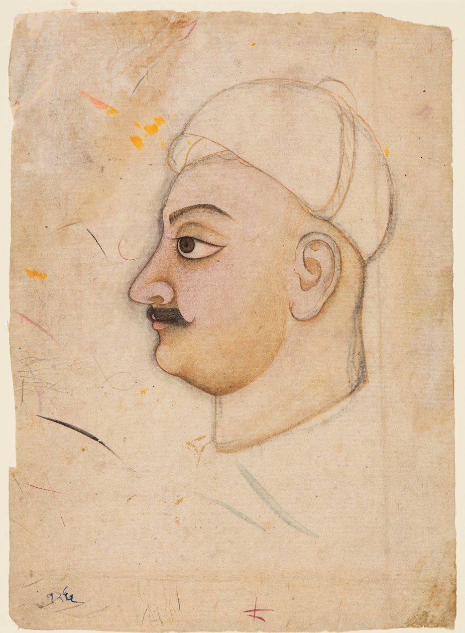 Tegning av et mannshode med en uvanlig turban av Unknown artist