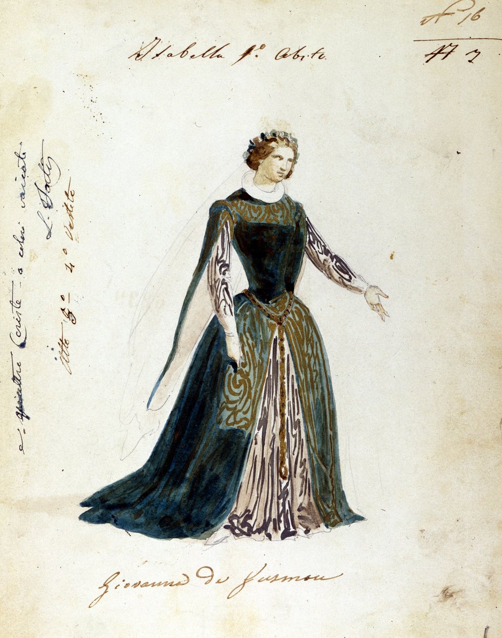 Tegning av kostymet for karakteren til Isabella i operaen "" I vespri siciliani"" (De sicilianske vesperene) komponert av Giuseppe Verdi. Operatittelen for den første forestillingen var "" Giovanna da Guzman "". Anon av Unknown artist