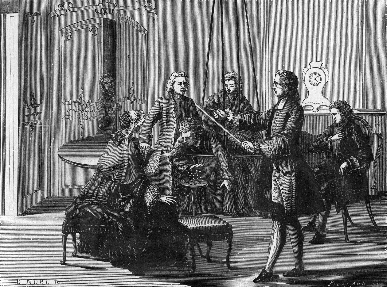 Dufay experience. Charles François Du Fay (Dufay?) (1698 - 1739), a French chemist and physicist showed that electric sparks can be drawn from the human body. Engraving from the Science Album. France 19th century. av Unknown artist
