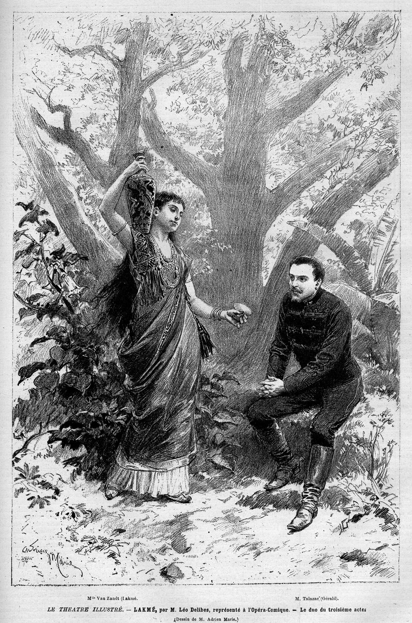 Duo av tredje akt med sangerinnen Marie van Zandt fra operaen «Lakme» av Leo Delibes, Edmond Gondinet og Philippe Gille opptrådte for første gang 14. april 1883 på Opera Comique i Paris. Gravering i “” Le Monde illustrious”” 1883. Privat kolle av Unknown artist