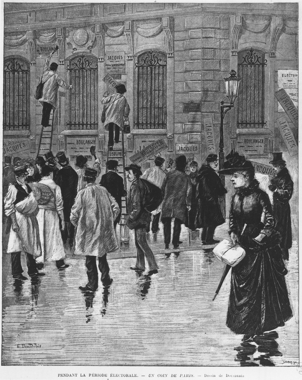 I valgperioden, i Paris; plakatklistremerker under valget 27. januar 1889, kulminerte med bakerikampanjen - Musee Carnavalet. av Unknown artist