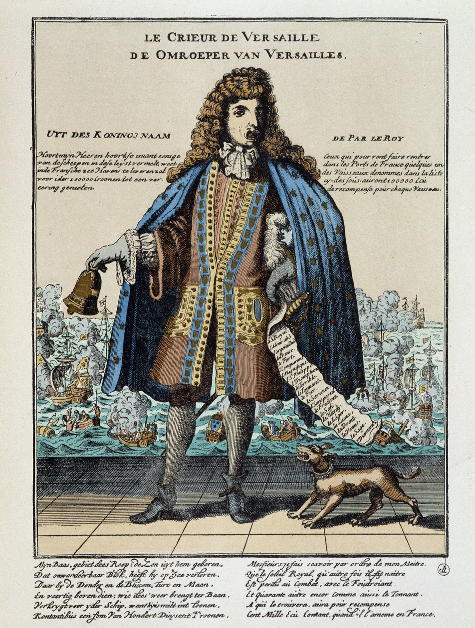 Nederlandsk satirisk trykk mot Louis XIV: Slaget ved Hougue eller den franske flåten, bevæpnet for å gjenopprette Jacques II og kommandert av Anne Hilarion av Costentin (Cotentin), grev av Tourville (1642-1701), ble beseiret og delvis ødelagt 29. mai 1692  av Unknown artist