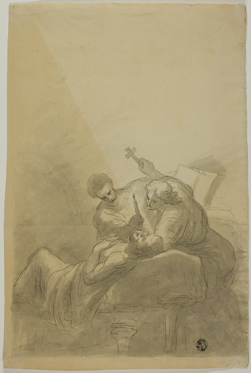 Døende mann fulgt av to figurer som holder stearinlys, bok og kors av Unknown artist