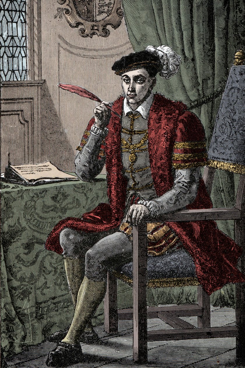 Edward VI skriver dagboken sin - Kong Edward VI (1537-1553) skriver dagboken sin av Unknown artist