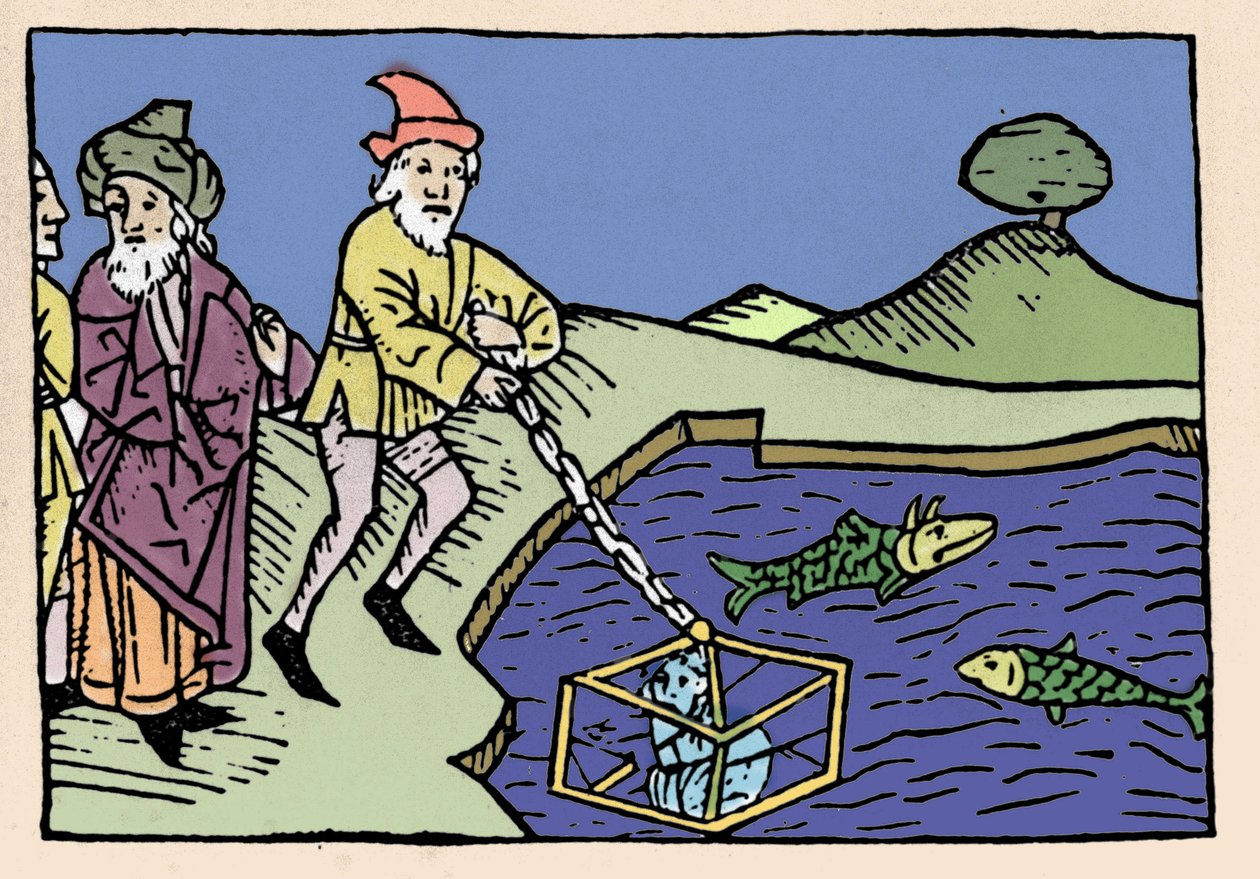 Keiser Alexander den store (356-323 f.Kr.) satte i sjøen i en tønne (klokke). Xylografi fra 1400-tallet. av Unknown artist
