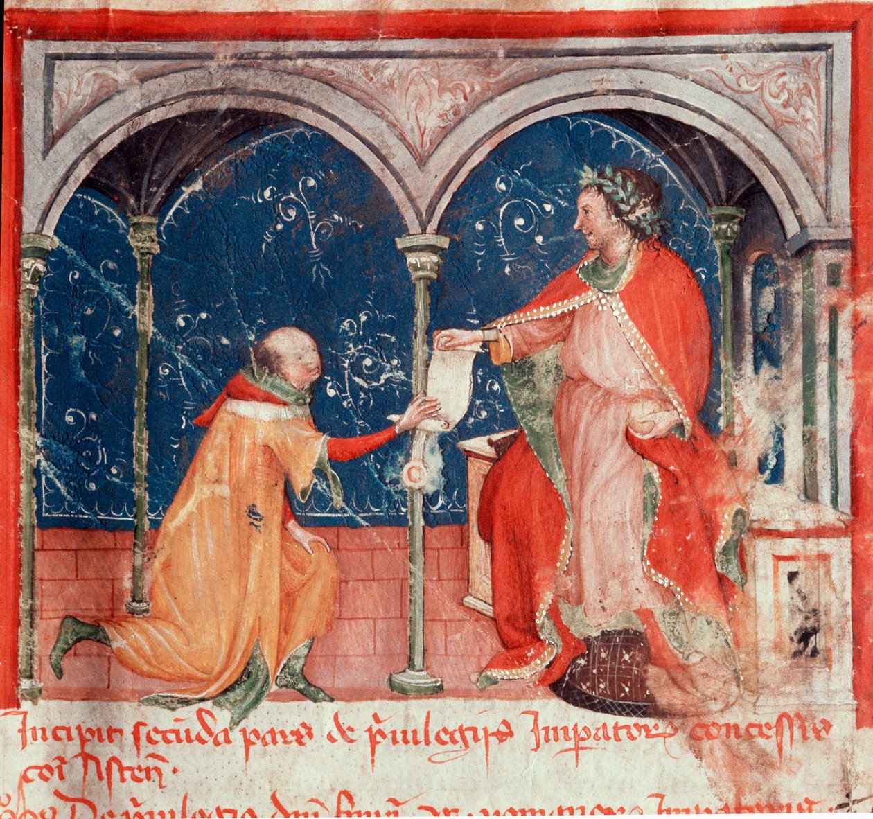 Keiser Frederick II av Hohenstaufen (1194-1250) unnfanger privilegier til byen Asti Miniature hentet fra "Codex Astensis" (eller Malabayla), kronikker om byen Asti mellom 1065 og 1353. 1300-tallet. Bevare i ordføreren i Asti av Unknown artist