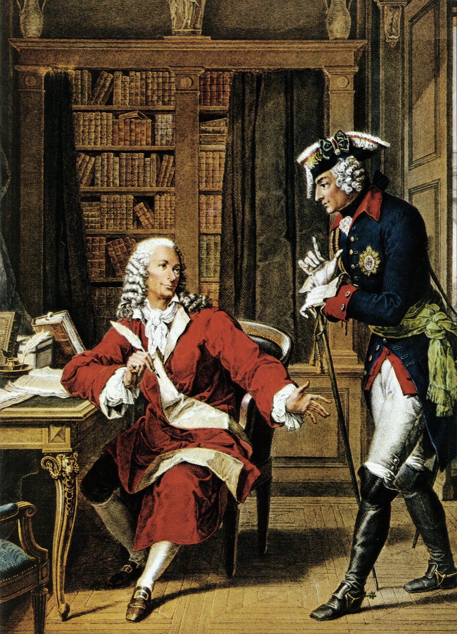 Keiser Fredrik II den store (1712 - 1786) besøker filosofen Voltaire (1694 - 1778). Etsning fra 1700-tallet. av Unknown artist