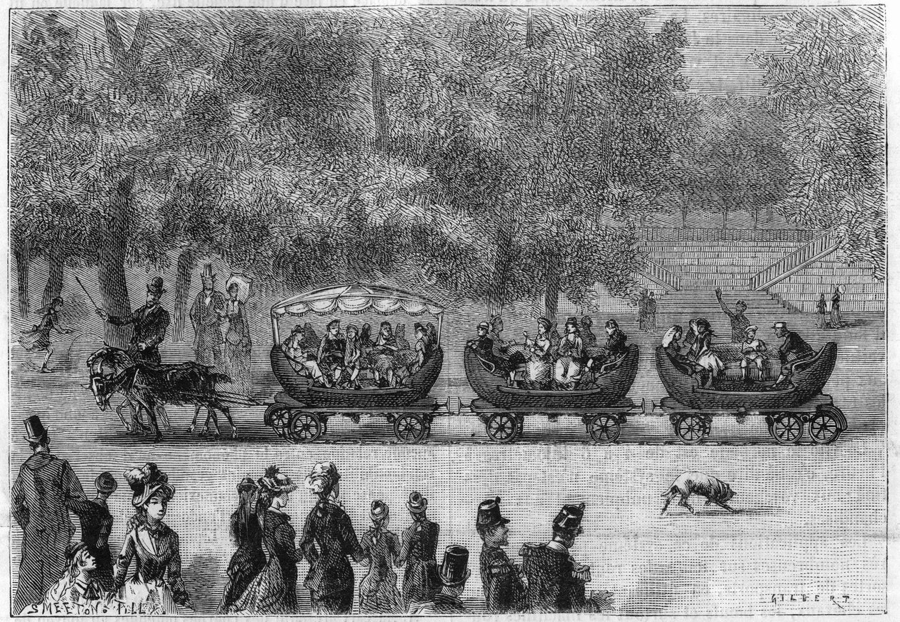 Endeløse skinner tilpasset et tog med biler trukket av geiter i Tuileries-hagen i Paris (av natur). Gravering i "" La Nature: revue des sciences et de leurs applications aux arts et a l