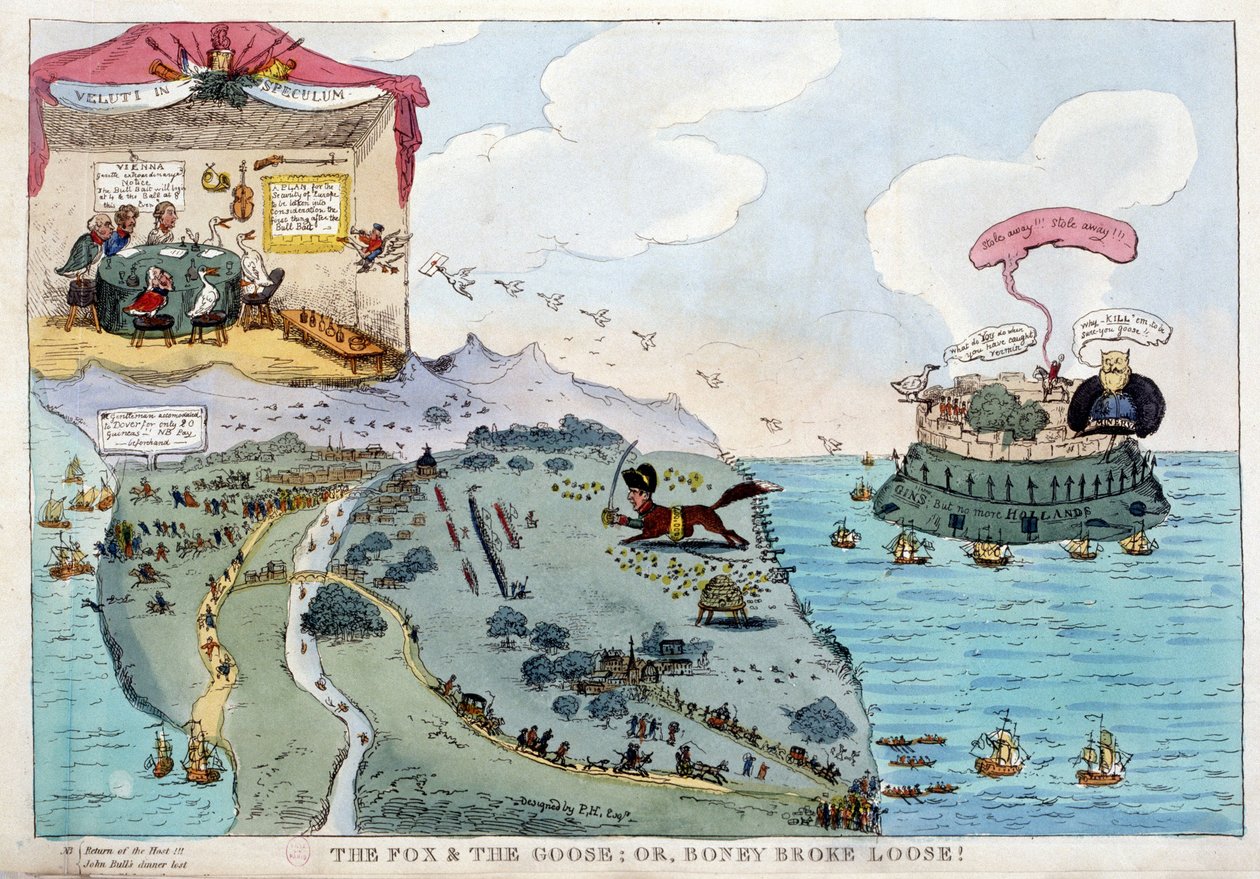 Engelsk tegneserie om Napoleon Bonaparte - i Napoleon I, karikaturer, dummysamling. 1814 - 1815. B.H.V.P. av Unknown artist