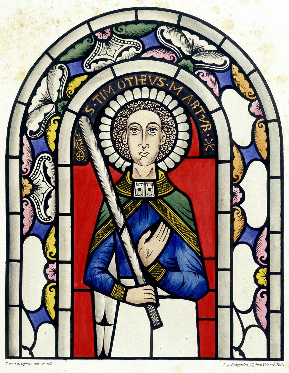 Gravering som representerer det fargede glasset til Saint Timothy, fra kirken Neuviller. av Unknown artist