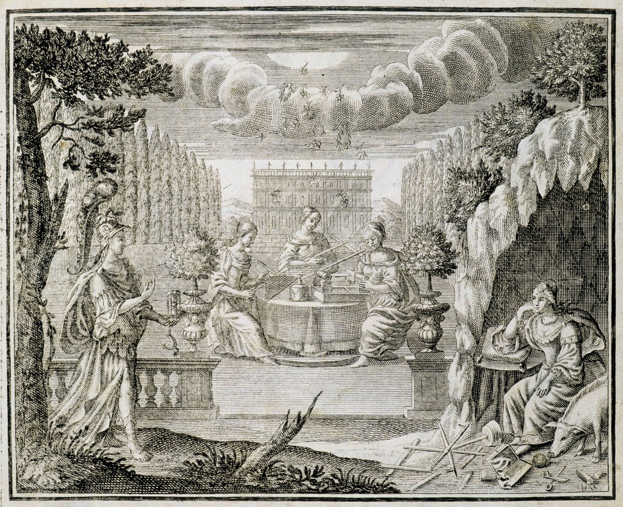 Gravering som representerer kvinner som arbeider på en vevstol. Tidlig på 1700-tallet. av Unknown artist