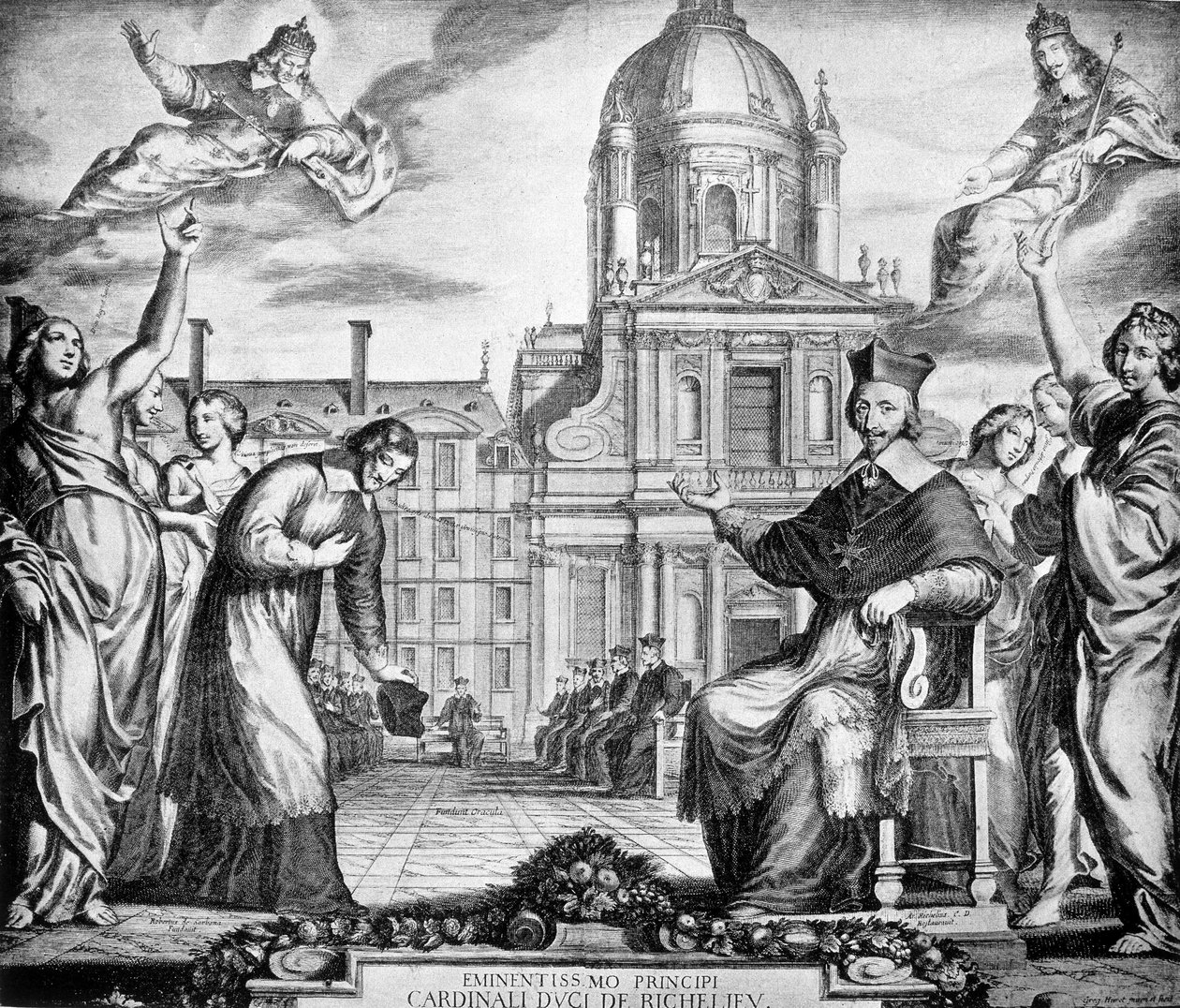 Gravering til ære for kardinal Richelieu for reetableringen av Sorbonne i Paris, bestilt til Lemercier, fullført i 1642. av Unknown artist