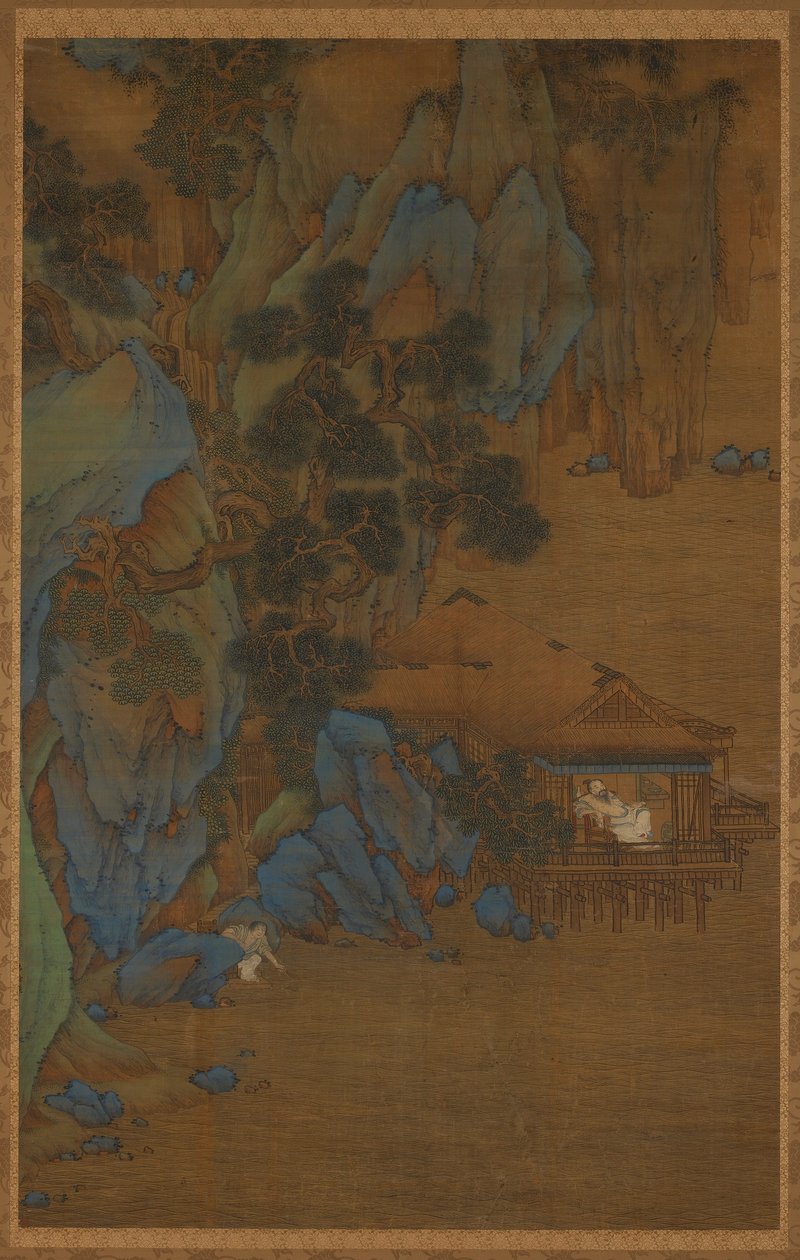 Nyter brisen i en paviljong ved vannet av Unknown artist