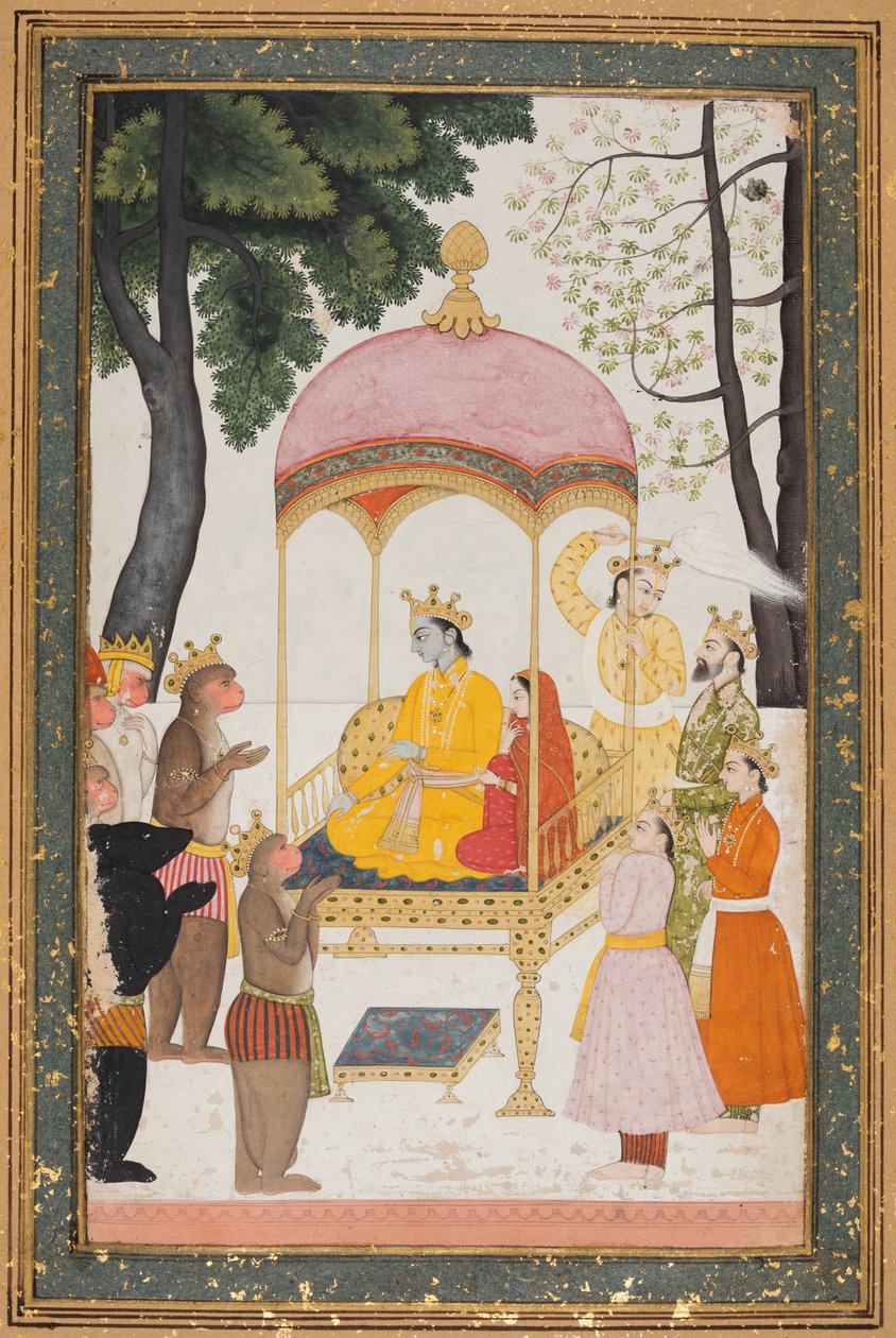 Enthroned Rama og Sita mottar hyllest fra deres ape- og bjørnallierte av Unknown artist