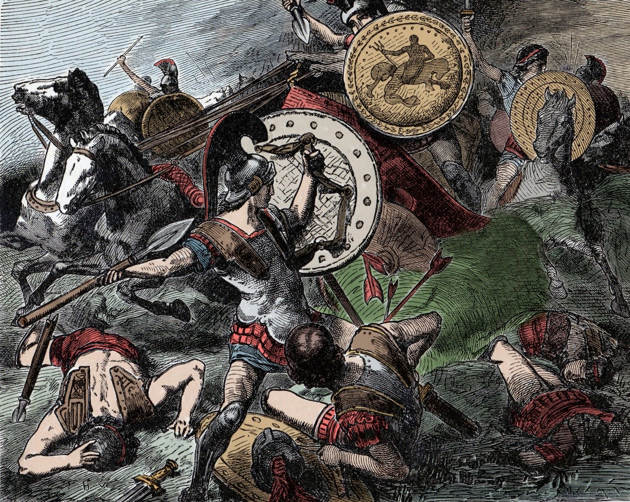 Epaminondas redder Pelopidas - Antikkens Hellas: Epaminondas (418-362 f.Kr.) redder Pelopidas (420-364 f.Kr.) under Korintkrigen (395-387 f.Kr.) av Unknown artist