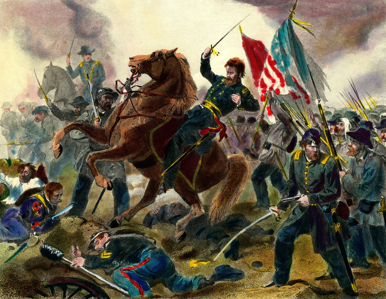 Episode av løsrivelseskrigen (1862-1865) eller borgerkrigen i USA: American General of Union Forces Ulysses Simpson Grant (1822-1885) under en kamp mot troppene i konføderasjonsstatene. Gravering av Private Collecti fra 1800-tallet av Unknown artist