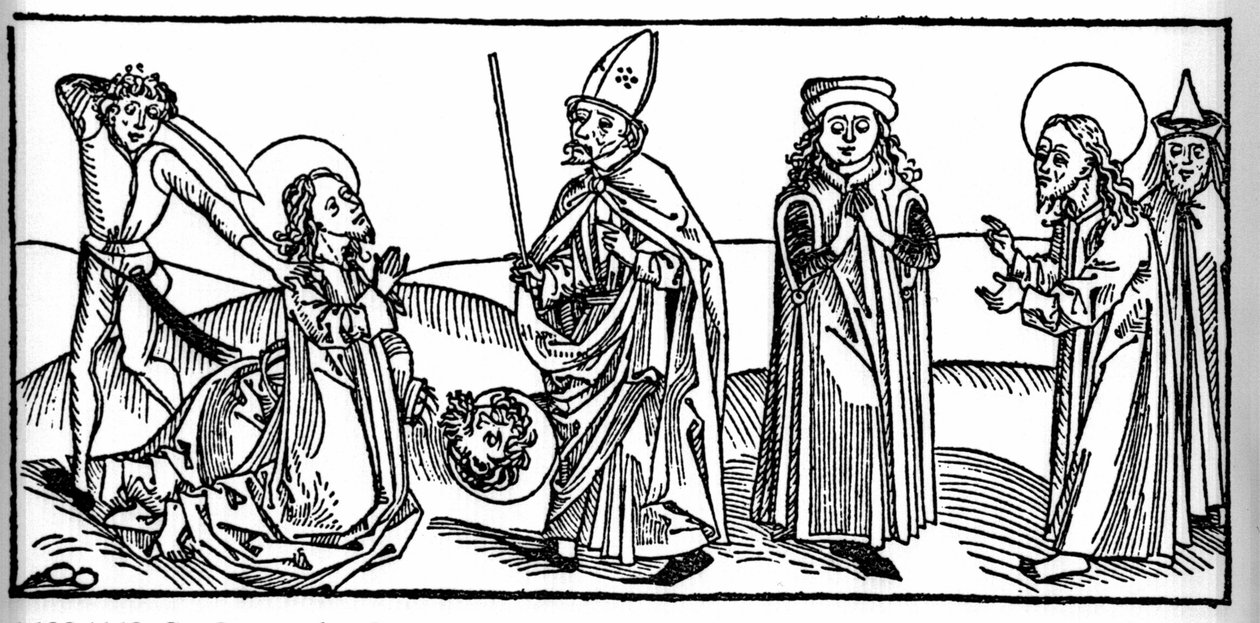 Episode av livet til Saint James the Major: helgenen blir halshugget under øynene til Herodes av Agrippa, kongen av Judee. Gravering fra «Leben der Heiligen - sommerteil» (Helgenboken) av Jacobus (James) fra Voragine (1228-1298). Lübeck 1488. av Unknown artist