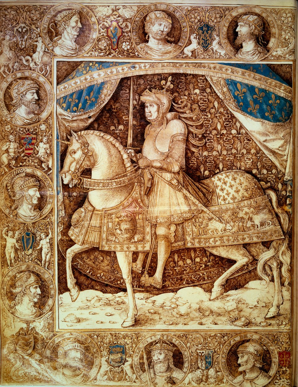 Rytterportrett av Ludvig XII (1462 - 1515), konge av Frankrike. Miniatyr i "" Chronicles", folio 1v, av Enguerrand de Monstrelet (1390? -1453), v. Paris BN av Unknown artist