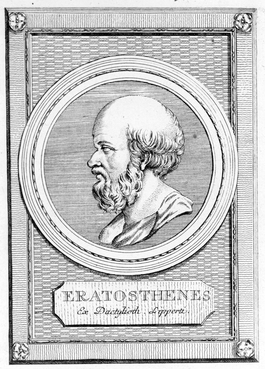 Eratosthenes (275 f.Kr. - 195 f.Kr.) matematiker, astronom geograf og poet. Portrett av etterpå: "Gallery of the antikke grekere og romere", vol. II. Poschiavo 1784. av Unknown artist