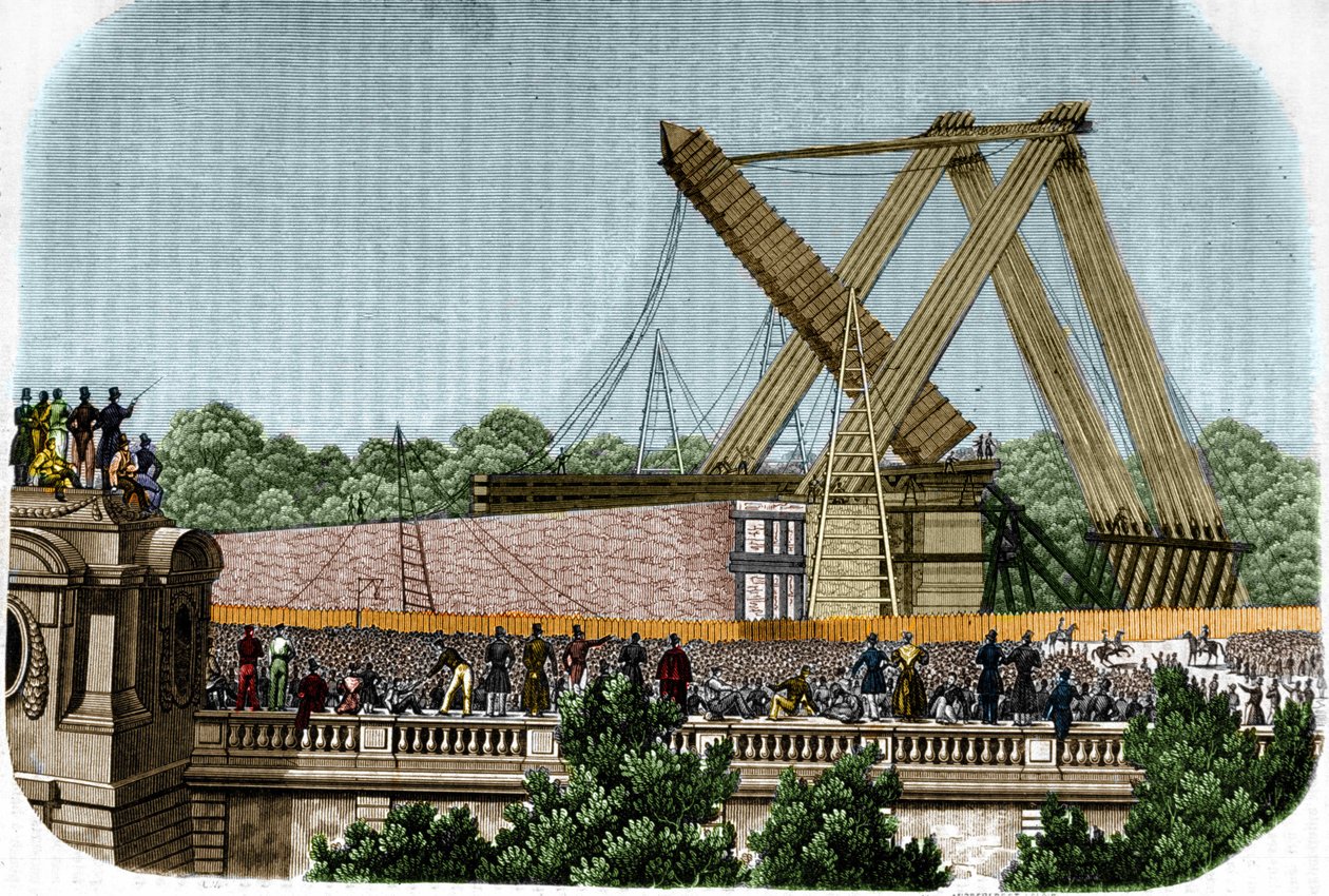 Oppføring av obelisken til Louqsor (Luxor) på Place de la Concorde. Paris, 25. oktober 1836. av Unknown artist