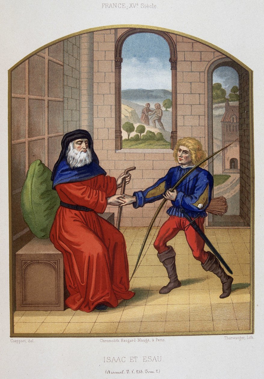 Esau med sine jaktvåpen og faren Isak. 1800-talls kromolitografi. av Unknown artist