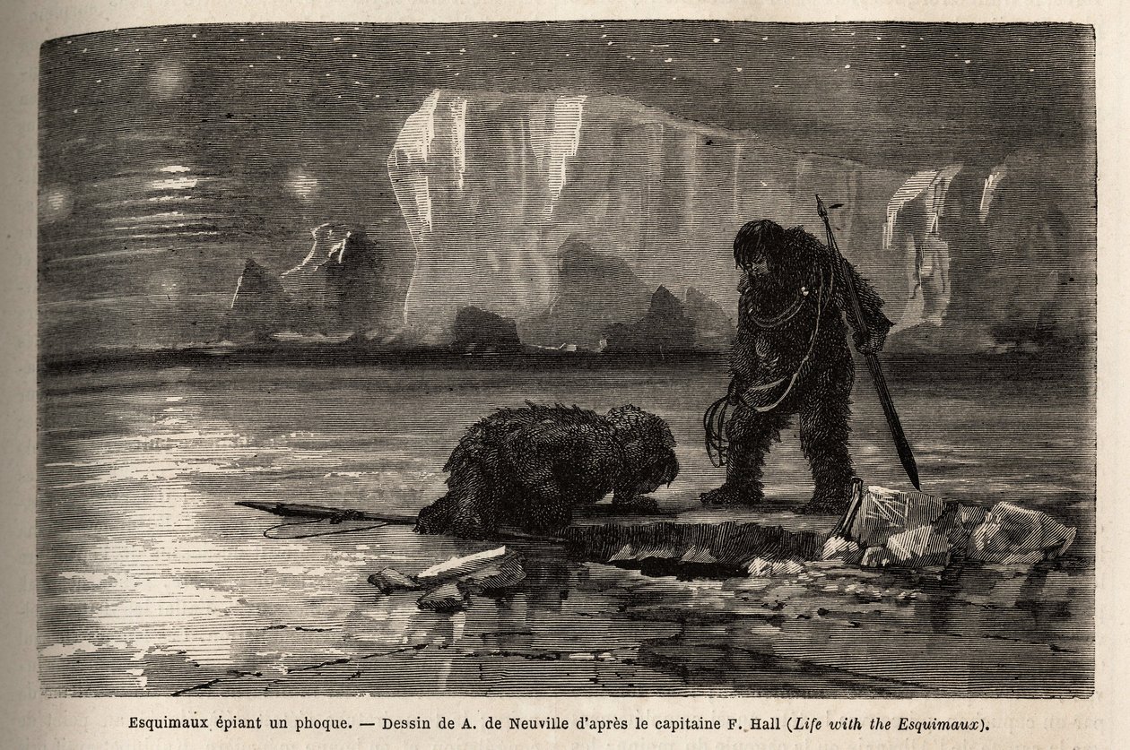 Eskimaljegere som spionerer på en sel gjennom et hult hull i ispakken og venter ved nattens grav for å harpunere den. Gravering for å illustrere reisen til det frie havet på den arktiske polen, av doktor Hayes, kirurg ved den amerikanske marinen, i 1860-18 av Unknown artist