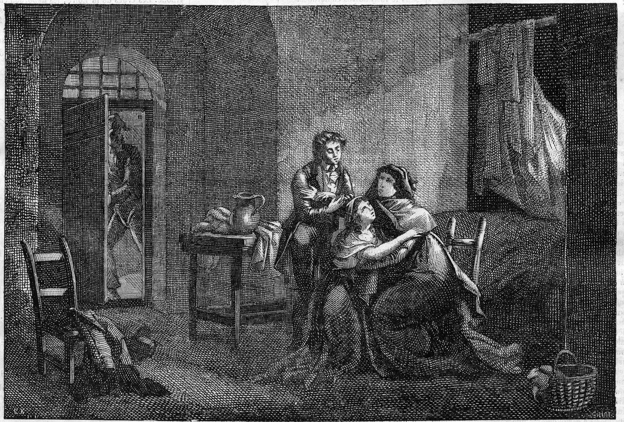 Eugene og Hortense Beauharnais trøster moren Josephine de Beauharnais i fengselet hans (Prison des Carmes) av Unknown artist