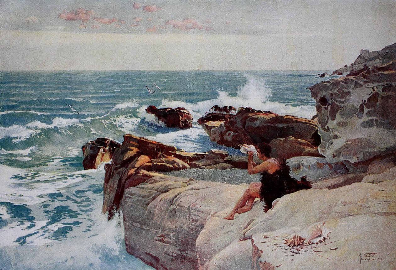 Kveld ved sjøen, ung mann med et stort skjell som sitter på kysten av Unknown artist