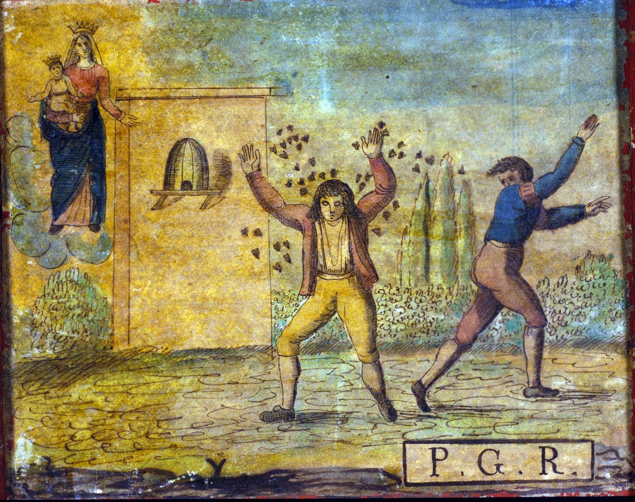 Ex voto fra begynnelsen av 1800-tallet som representerer en person angrepet av bier. av Unknown artist