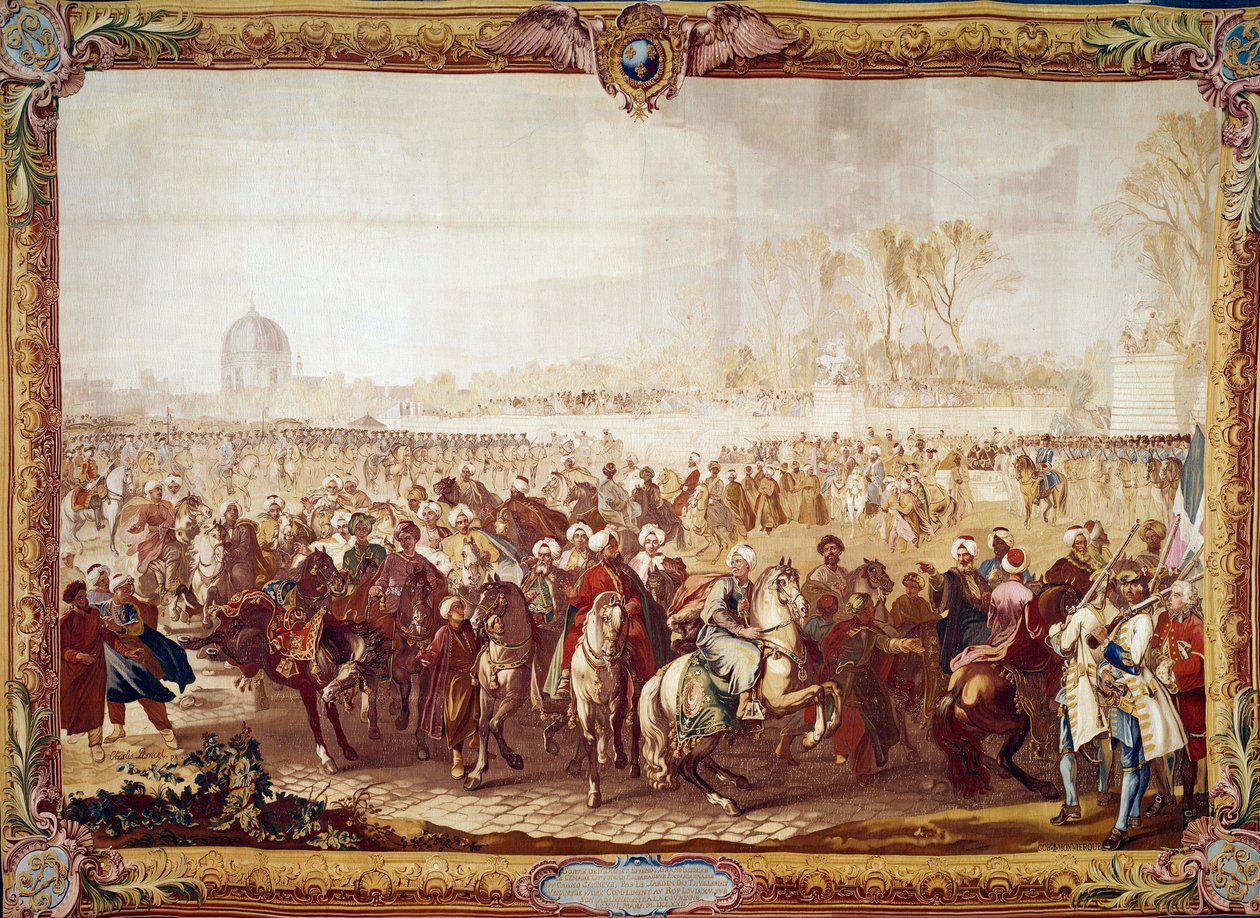 Utgang av den tyrkiske ambassadøren Mehmet Effendi fra Tuileries Garden etter audiensen gitt av kong Louis XV på 21/03/1721 1700-talls billedvev. Paris, nasjonale møbler av Unknown artist