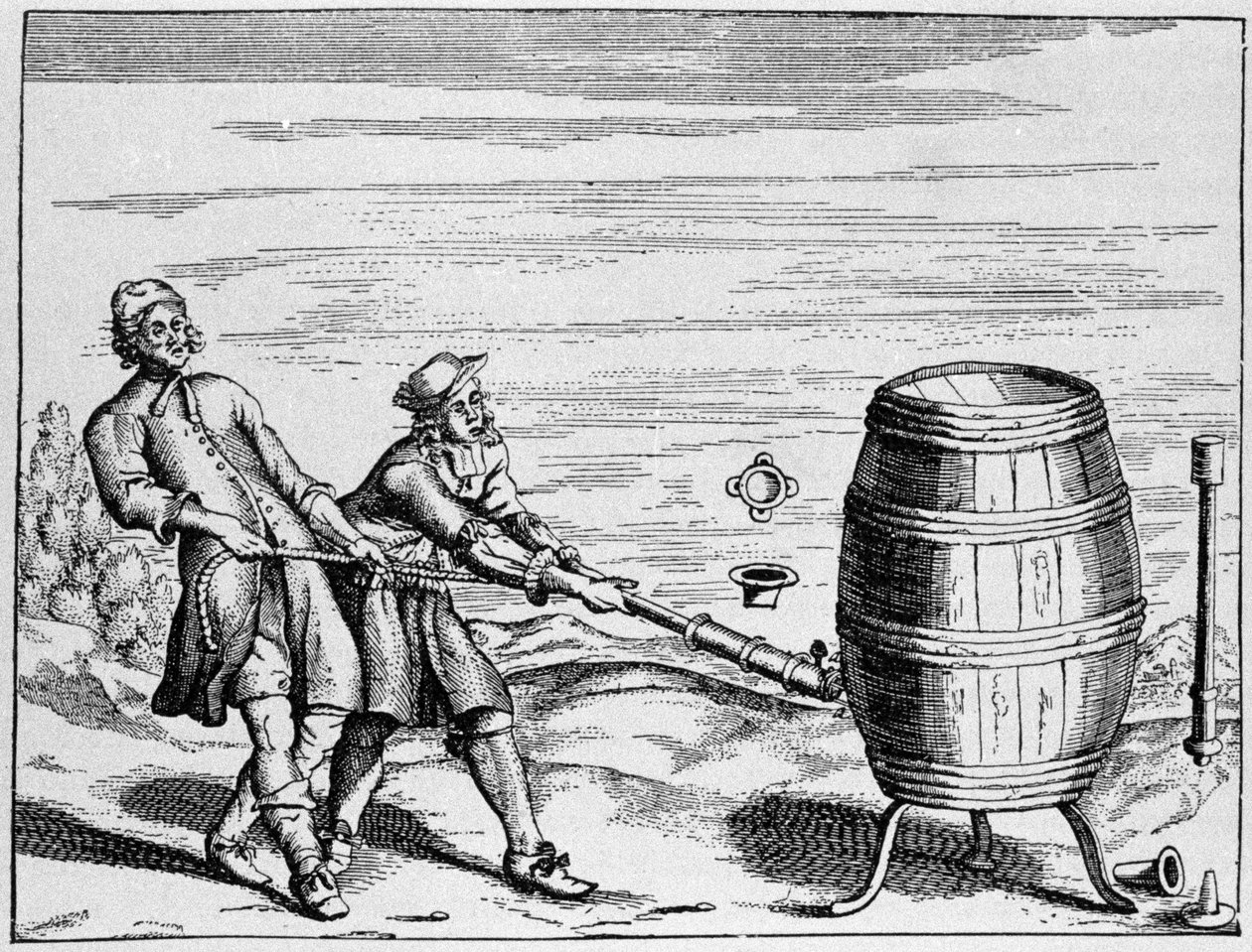 Erfaring utført av den tyske forskeren Otto van Guericke for å beregne atmosfærisk trykk. Tallerken hentet fra "Ottonis de Guericke: Experimenta Nova Magdeburgica de vacuo spatio"" av Otto von Guericke (Otto de Guericke av Unknown artist