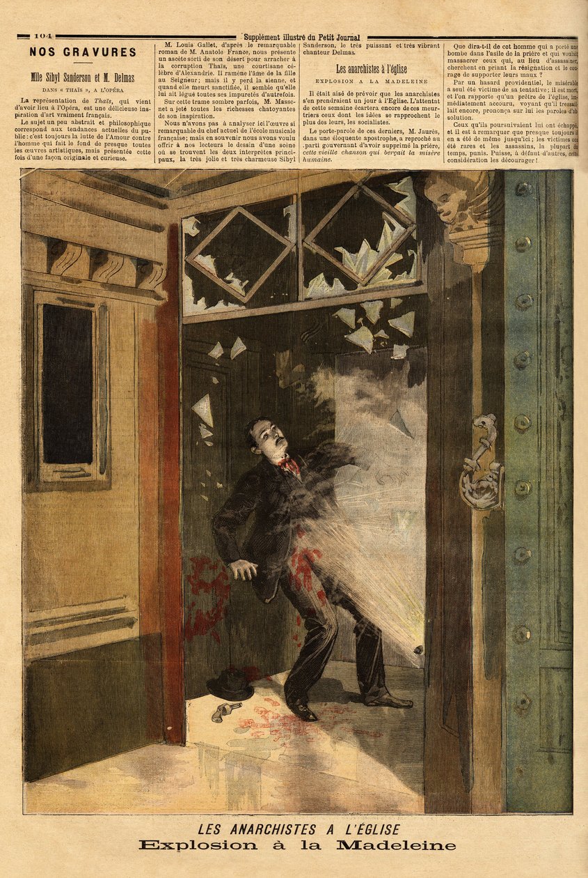 Eksplosjon i kirken La Madeleine i Paris, den anarkistiske kriminelle, det eneste offeret, har effekten av sin egen bombe. Gravering i "" Le petit journal"" 26.03.1894. Selvas samling. av Unknown artist