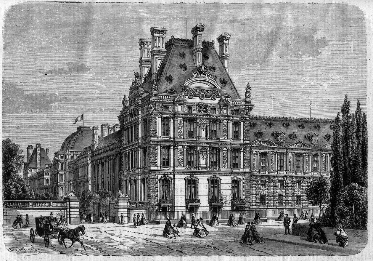 Utvendig utsikt over Pavillon de Flore, ved Palais des Tuileries, og Galerie du bord de l'eau i Paris - Gravering i "" Le Journal Illustrée"" av Unknown artist