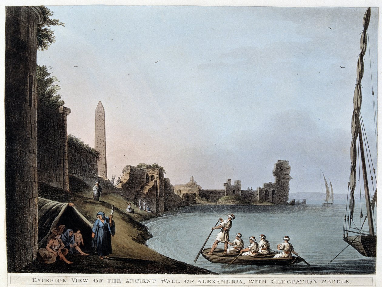Utvendig utsikt over den gamle muren i Alexandria, med Cleopatras nål (voller og obelisk) - i "" Utsikt i Egypt, Palestina og andre deler av det osmanske riket"" av Unknown artist