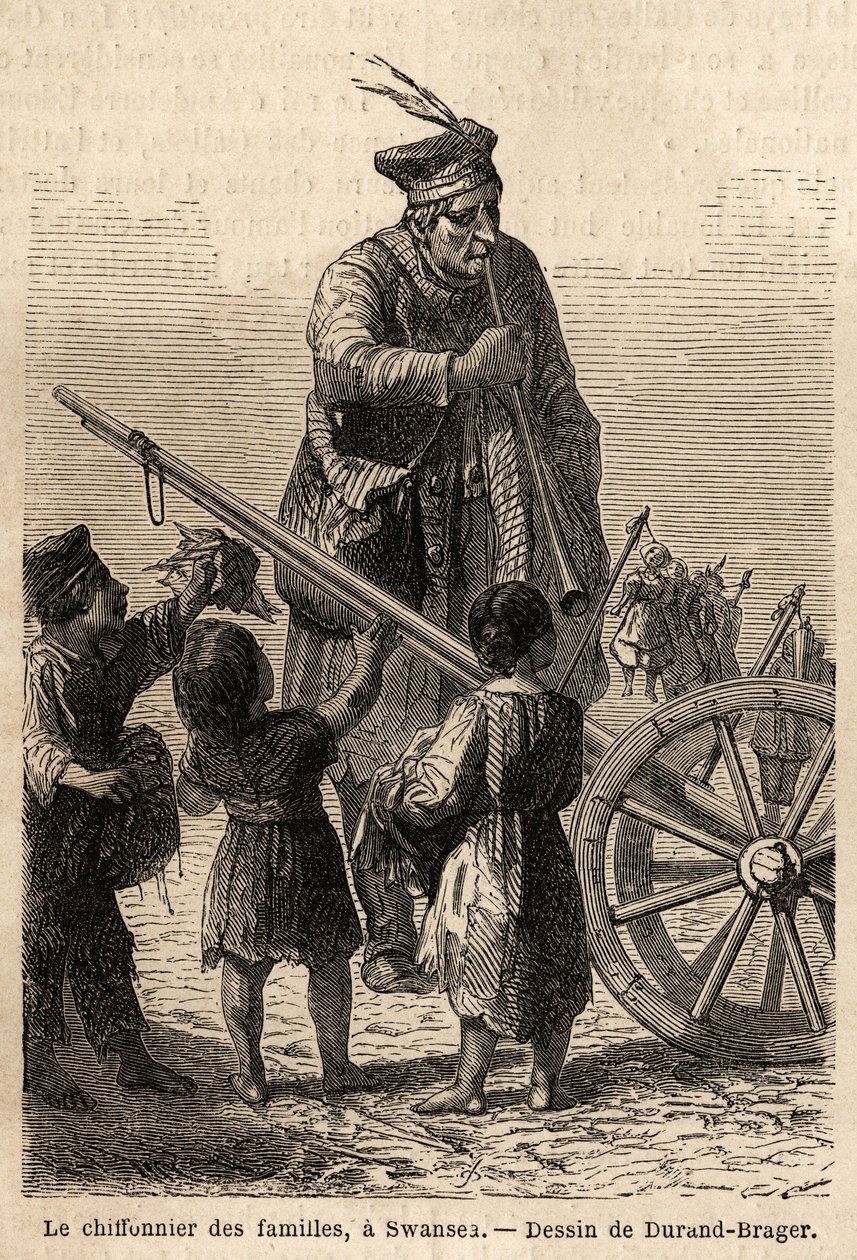 Familieklut i Swansea. Tegning av Durand Brager, for å illustrere et besøk til de store fabrikkene i Wales i 1862, av L.Simonin. Gravering i "" Le tour du monde"", redigert av Edouard Charton av Unknown artist