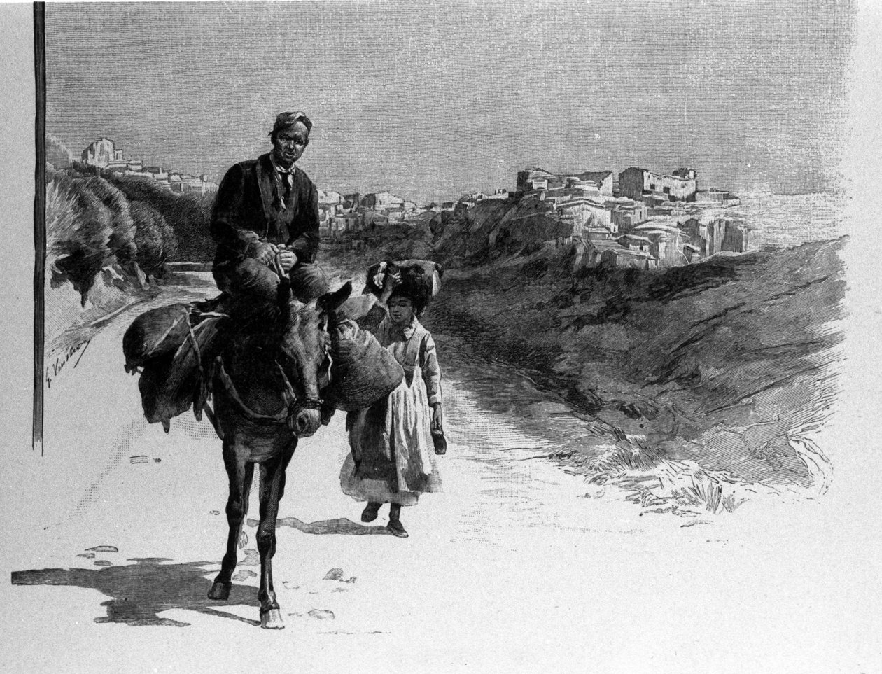 Familie som reiser på veien til Calatafimi, Sicilia Gravering fra 1800-tallet av Unknown artist