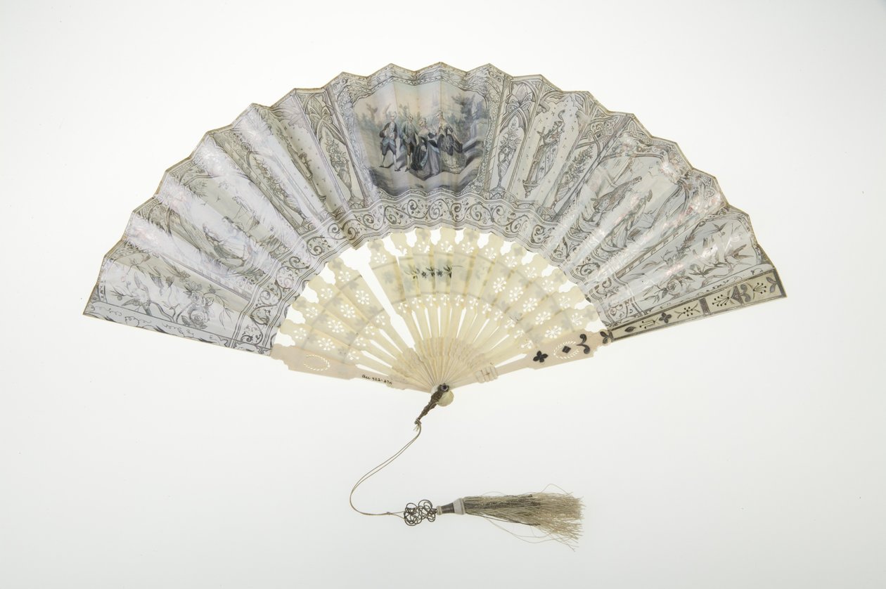 Vifte, ca. 1850, malt papir, ben, sølv og dusk med silke- og metalltråd, ukjent produsent av Unknown artist